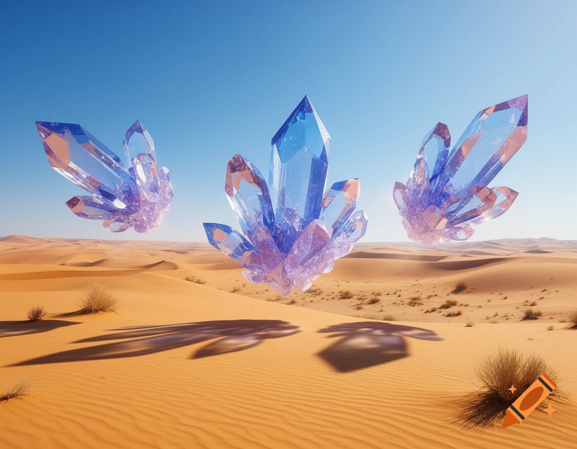 Gigantic blue and purple translucent crystals float above a vast desert landscape under a clear blue sky.