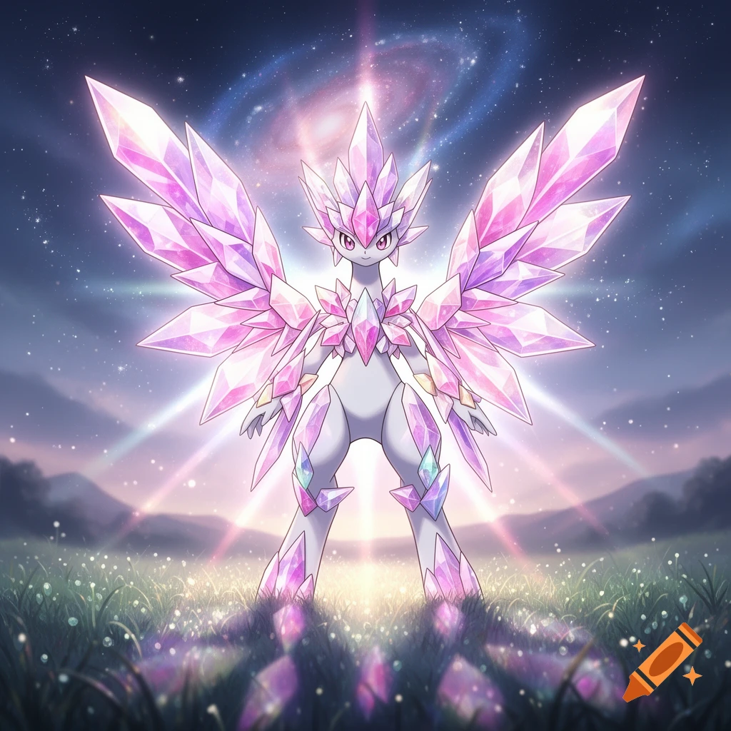 A crystal-covered creature resembling Mega Diancie with large pink crystal wings stands in a grassy field under a starry galaxy sky, bathed in light.