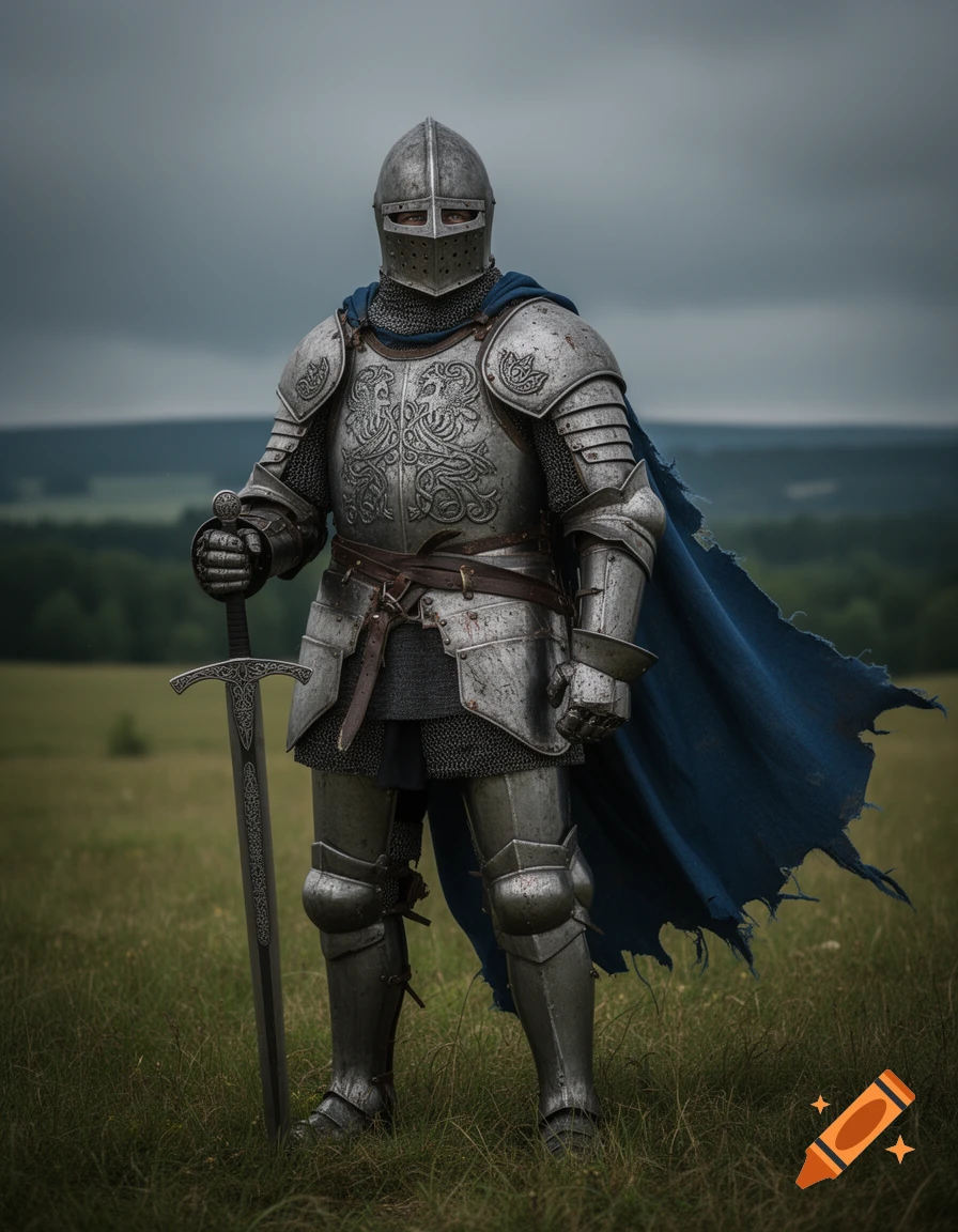 A knight in full silver armor with intricate designs and a blue cape ...