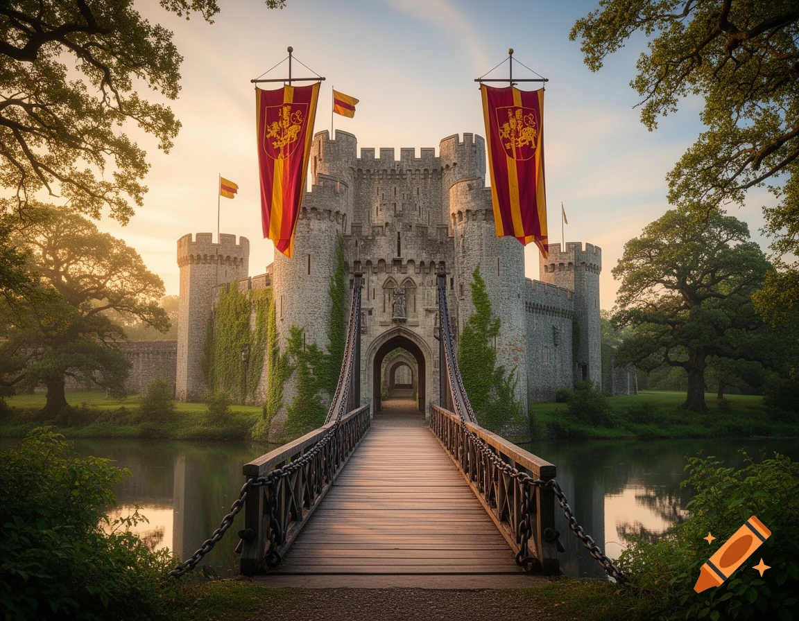 A grand medieval castle at sunrise with a wooden drawbridge over a moat, flanked by trees and red and gold banners.