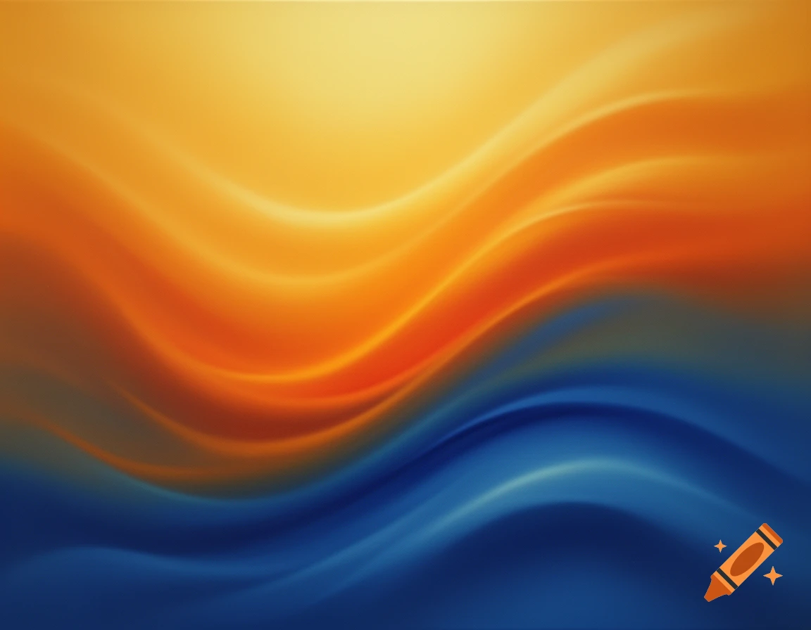 An abstract design with smooth, flowing waves of orange, gold, and deep blue gradient colors.
