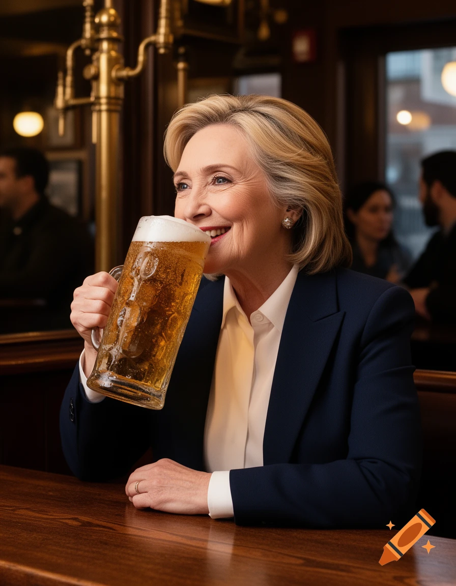 Photorealistic image of Hillary Clinton smiling while drinking a large beer mug in a dimly lit bar.