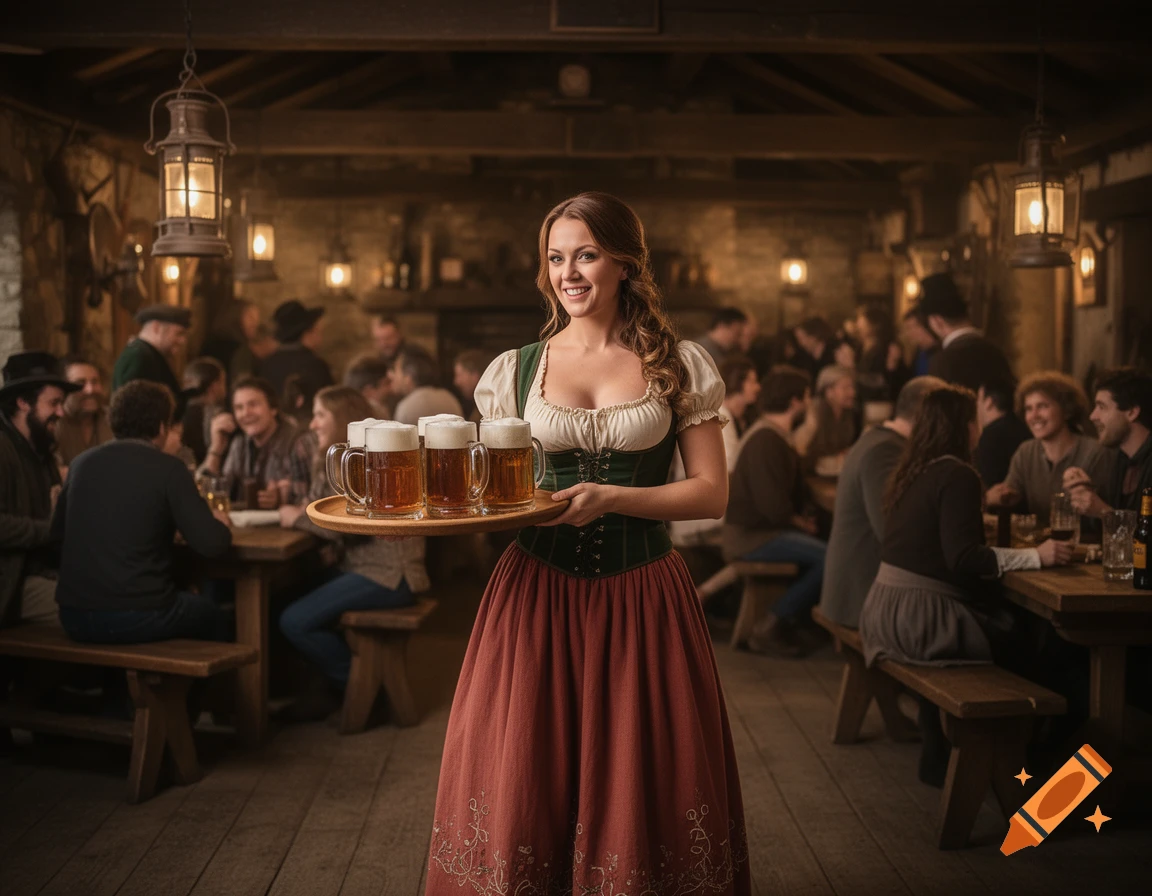 A smiling woman in traditional attire carries a tray of beer steins through a busy, dimly lit pub.