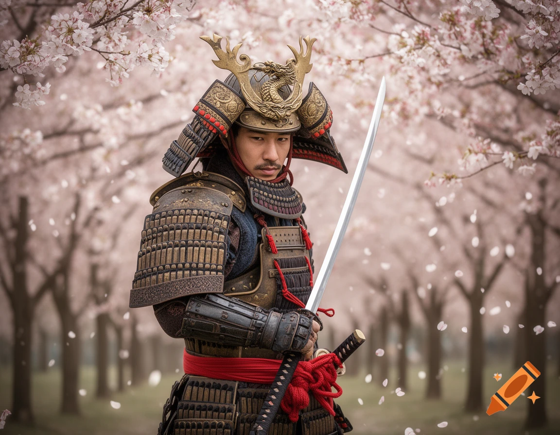 A photorealistic samurai warrior in intricate armor holding a katana sword under blooming cherry blossom trees.