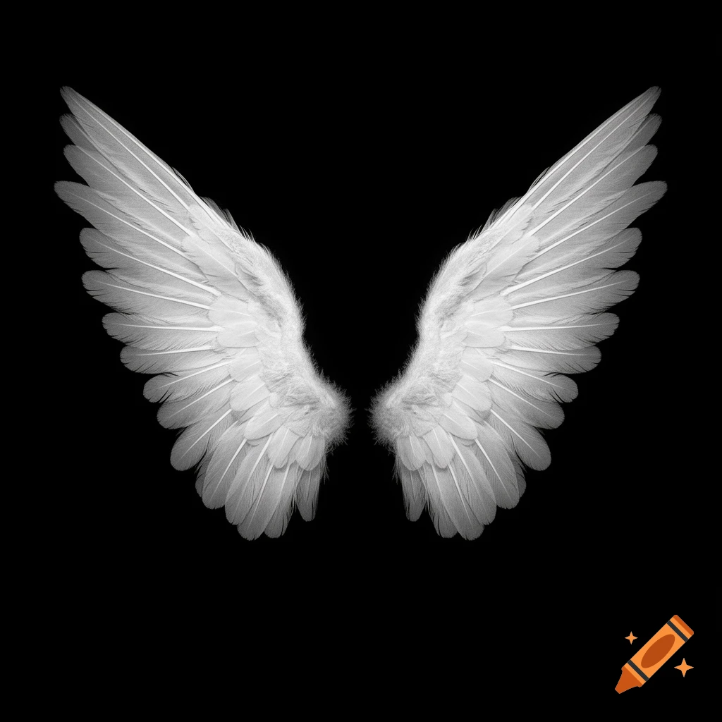 A pair of detailed white angel wings spread against a solid black background.