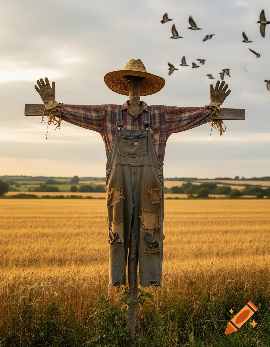 Photorealistic image of a scarecrow in a straw hat, plaid shirt, and overalls, standing in a golden wheat field with birds flying under a hazy sky.