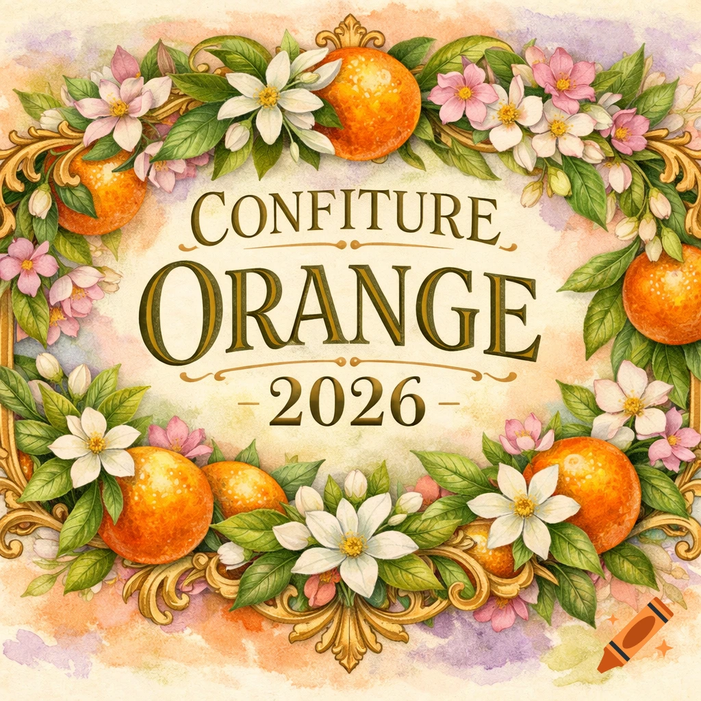 Watercolor label for 'CONFITURE ORANGE 2026' with oranges, white and pink blossoms, and leaves in a golden frame.