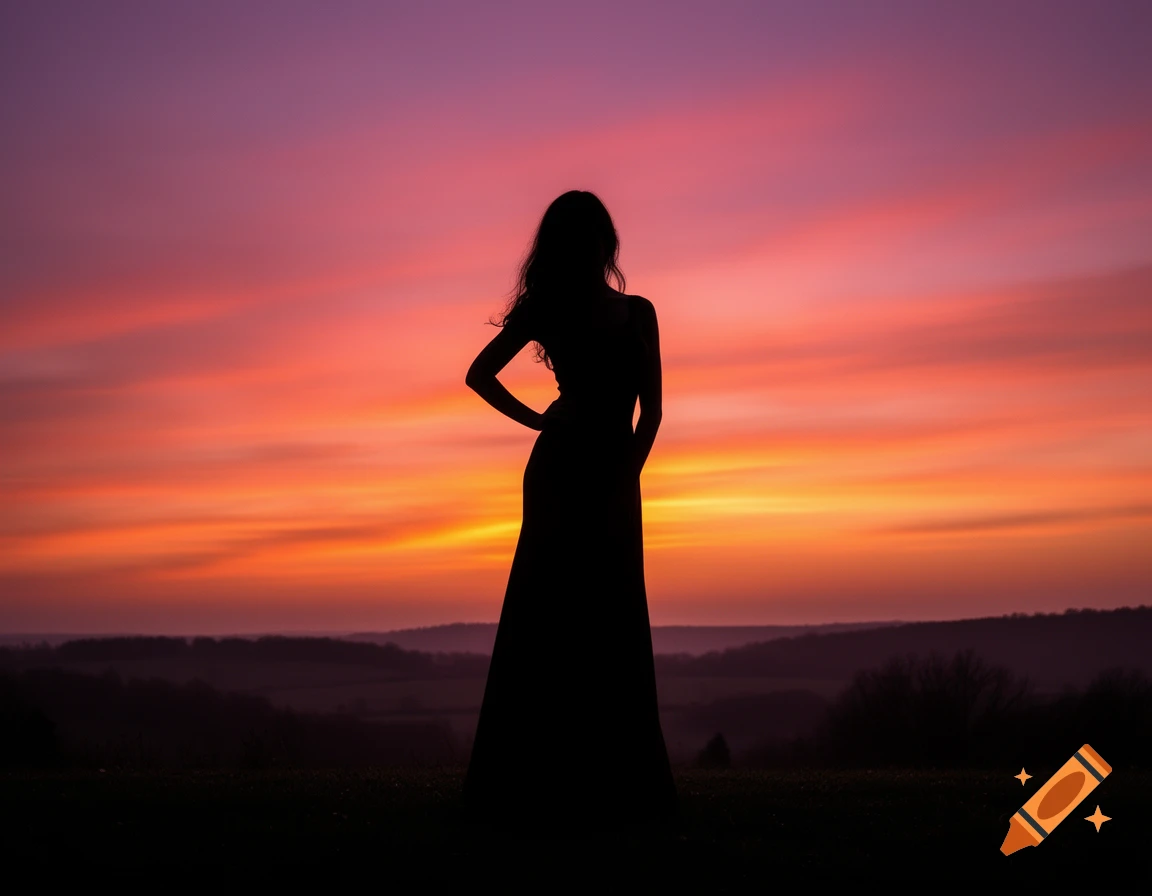 Silhouette of a person with hands on hips against a vibrant orange and purple sunset over a distant landscape.