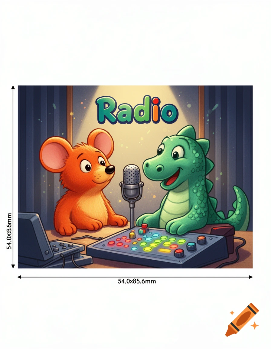 Cartoon illustration of an orange mouse and a green dinosaur co-hosting a radio show in a studio with a microphone and mixing board.