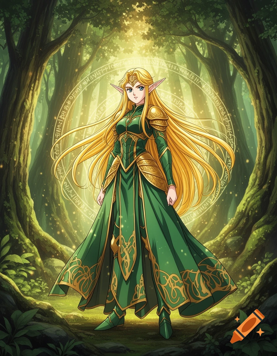 An anime-style elf woman with long blonde hair and pointed ears, wearing an elaborate green and gold dress with armor accents, stands in a magical forest with glowing runes in the background.