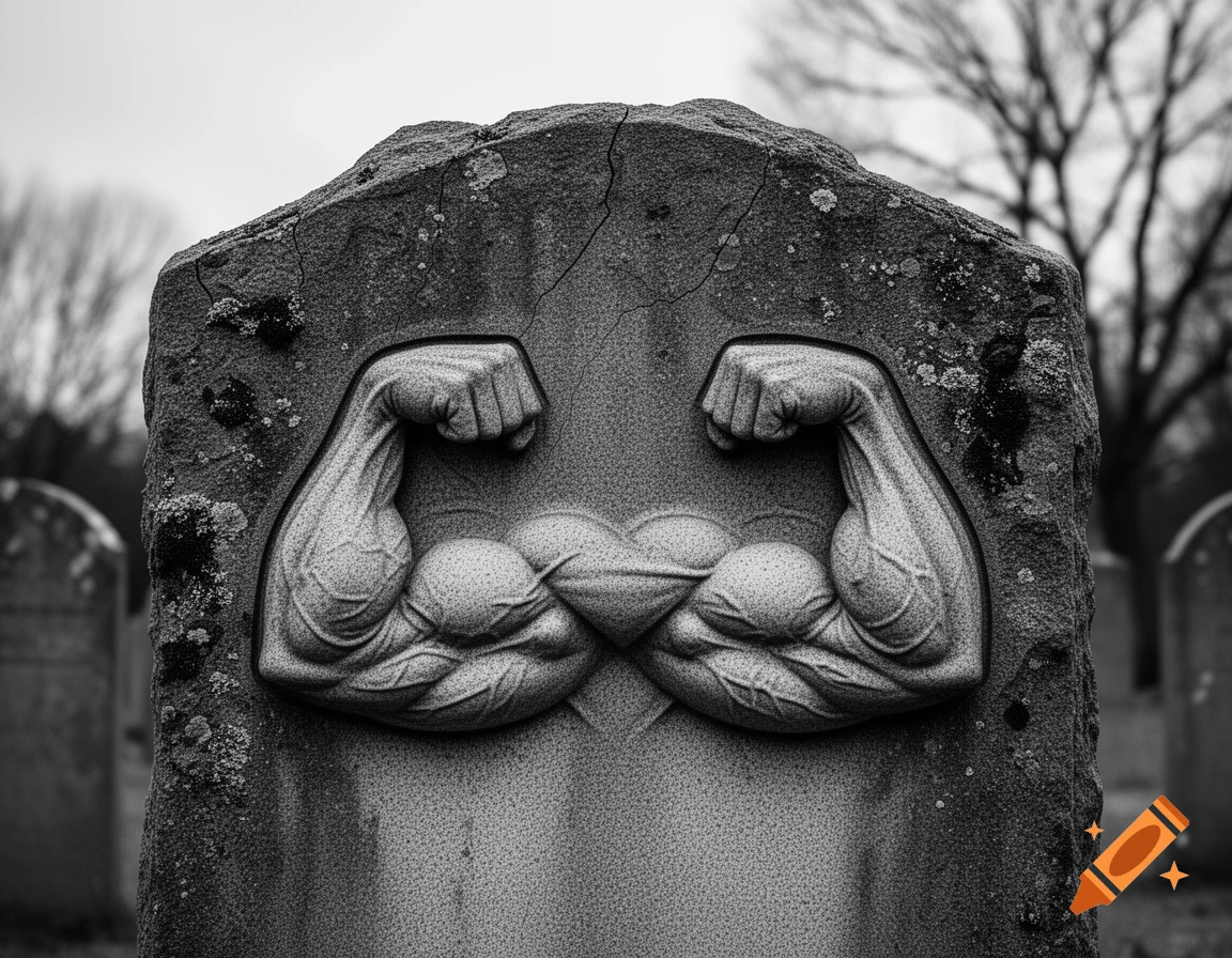 Black and white photo of a gravestone with sculpted, flexing biceps and a heart shape in a cemetery.