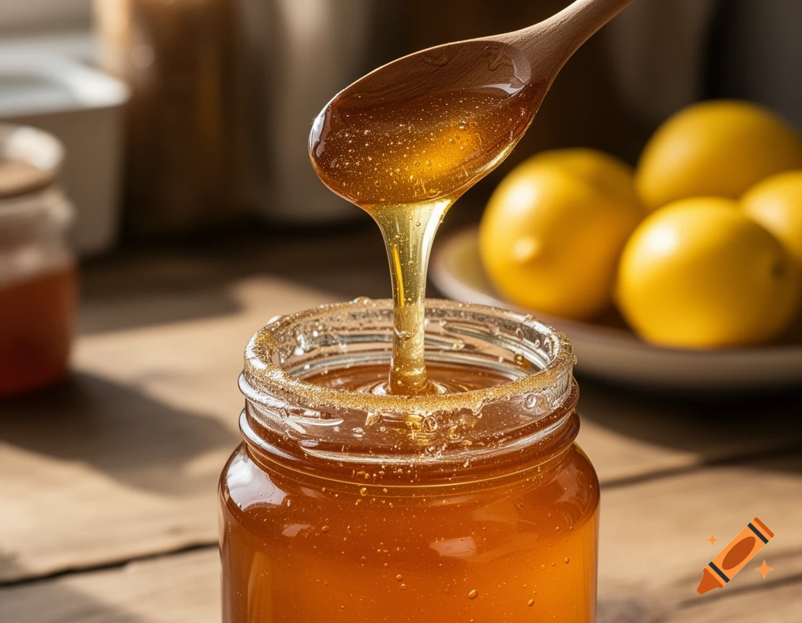 Golden honey drips from a wooden spoon into a glass jar on a wooden surface, with blurred lemons in the background, photorealistic.