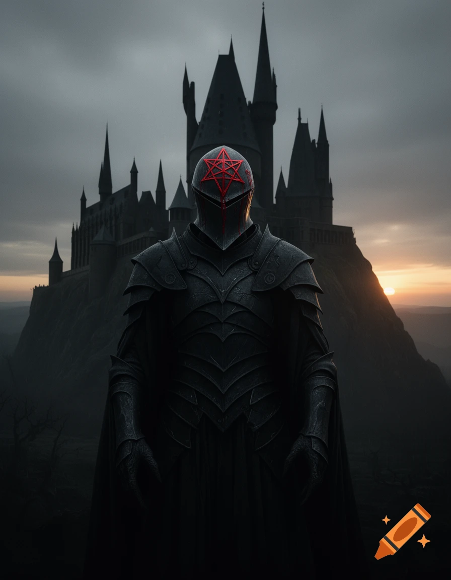 A knight in black, spiked armor with a red star sigil on its helmet stands before a dark, gothic castle at sunset.
