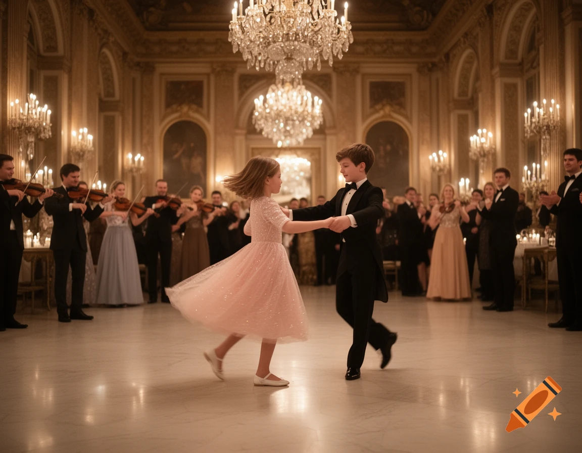 A boy and girl dance elegantly in a grand, chandelier-lit ballroom with an orchestra and formal guests. Photorealistic.