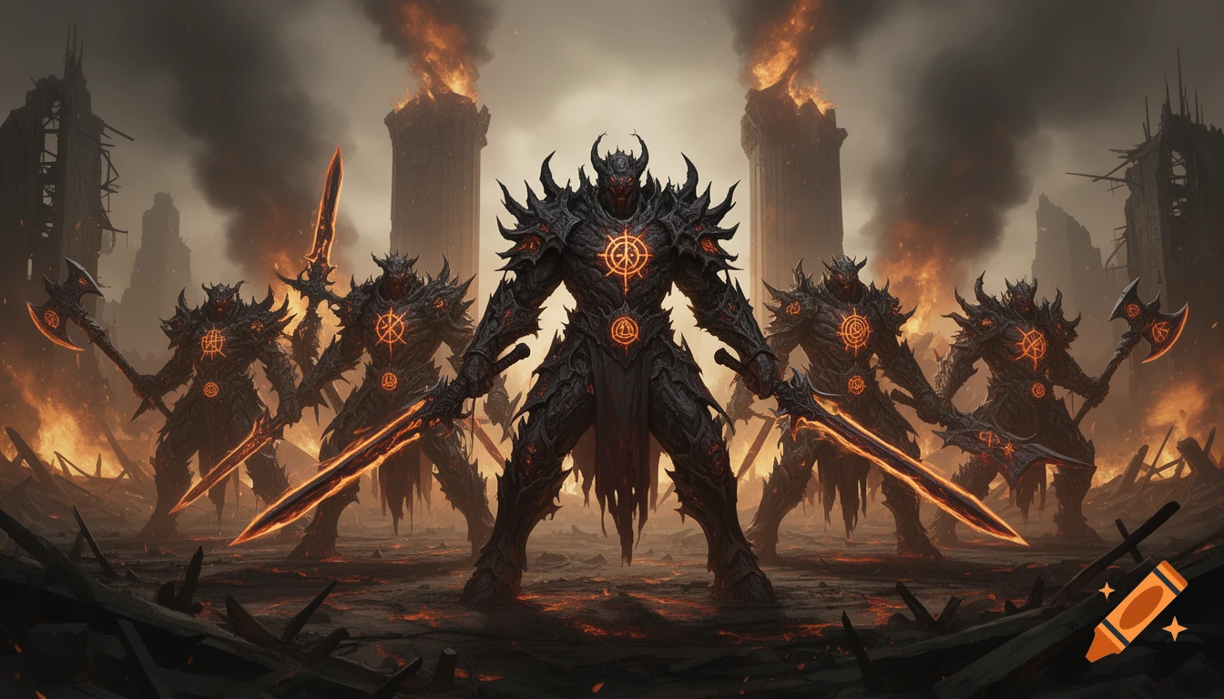 A squad of five demonic warriors in spiky black armor with glowing orange runes, wielding fiery swords and axes, stand in a devastated, burning wasteland with destroyed buildings under a dark sky.