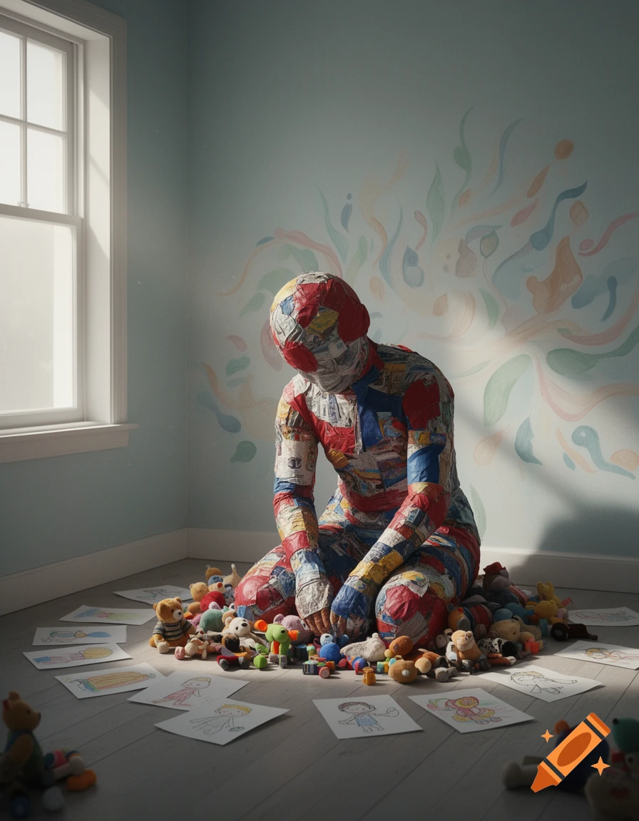A figure covered in colorful patchwork fabric sits on a light wooden floor, head bowed, surrounded by toys and children's drawings.