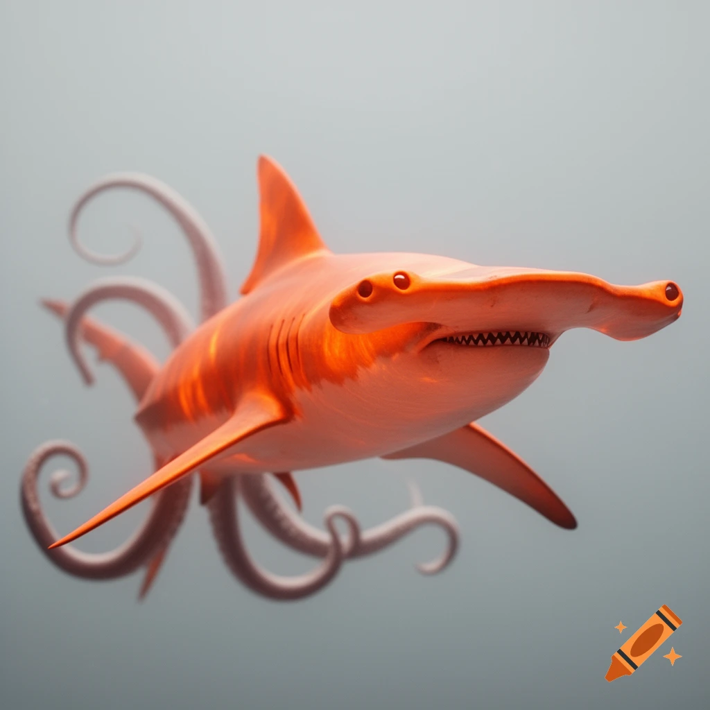 An orange hammerhead shark with octopus tentacles for a tail swims in light grey water.