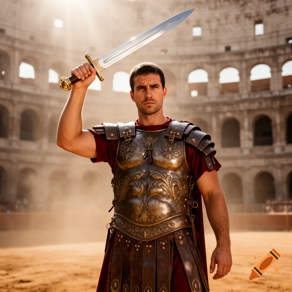 A Roman warrior in ornate armor raises a gladius in a dusty arena with an amphitheater behind him.
