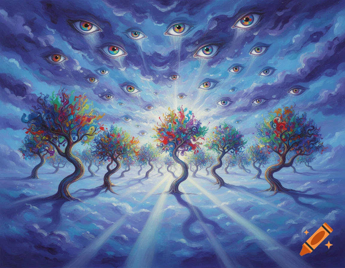 A surreal, dreamlike landscape with vibrant, abstract trees and numerous watchful eyes peering from a cloudy, blue sky.