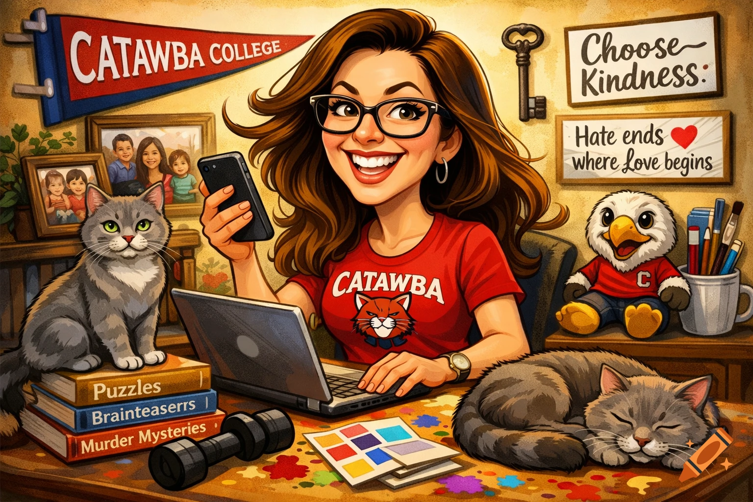 Vibrant caricature of a smiling woman with glasses, wearing a red Catawba College shirt, working on a laptop at a desk with two cats, books, and college memorabilia.