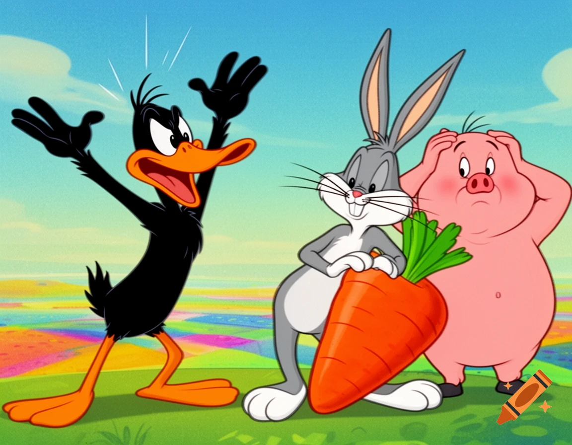 Daffy Duck angry, Bugs Bunny smirking with a carrot, and Porky Pig confused, standing in a colorful cartoon landscape.