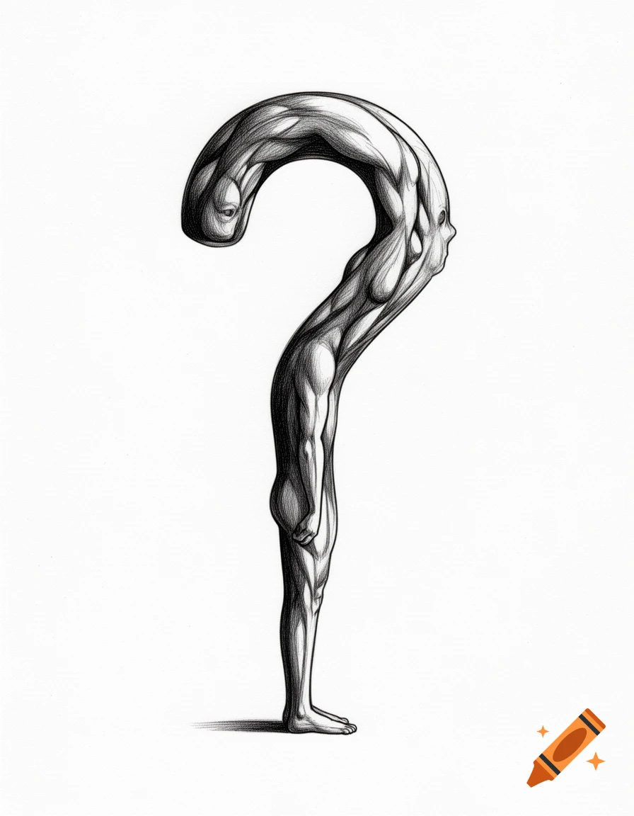 Black-and-white illustration of a muscular human figure contorted into the shape of a question mark.