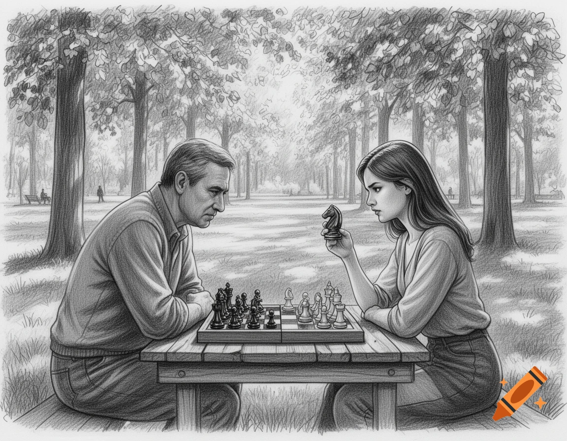 A black and white pencil sketch of a man and a woman playing chess at a table in a park.
