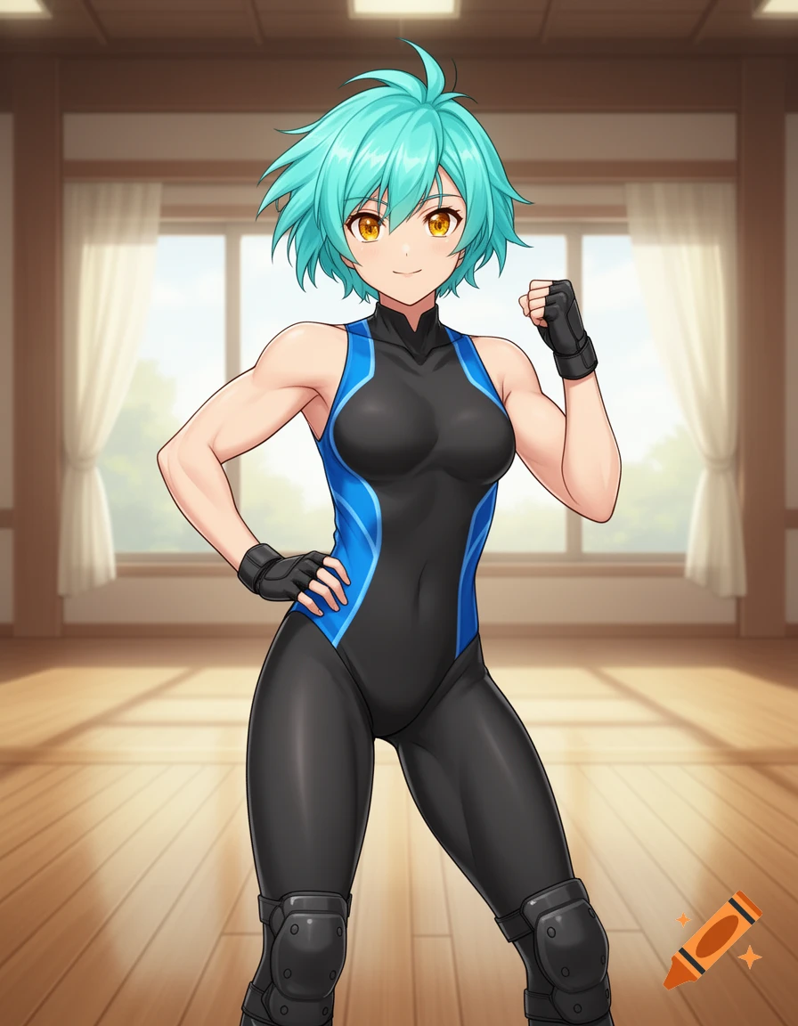Muscular anime girl with short blue-green hair in a black and blue athletic bodysuit stands confidently in a dojo.