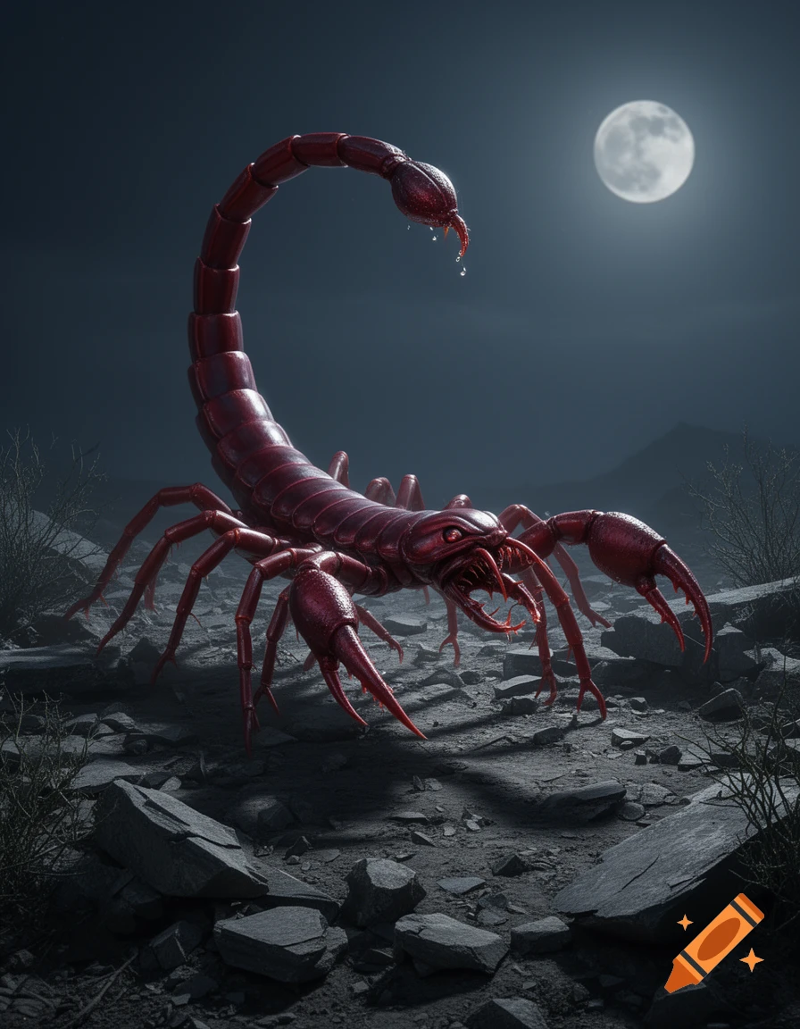 A menacing red scorpion-like creature with centipede features stands on rocky ground under a full moon at night.