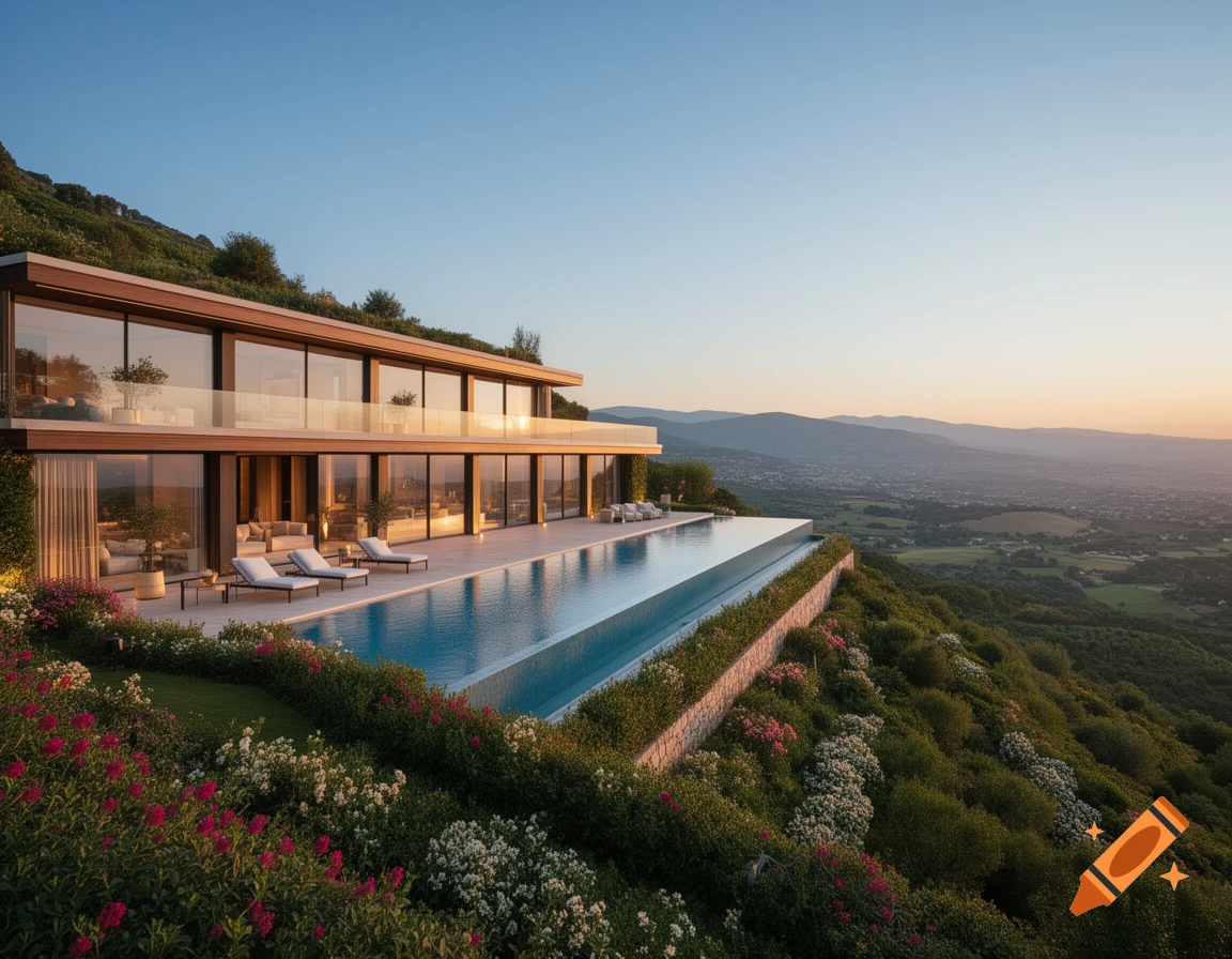 A modern luxury villa with an infinity pool overlooking a scenic ...