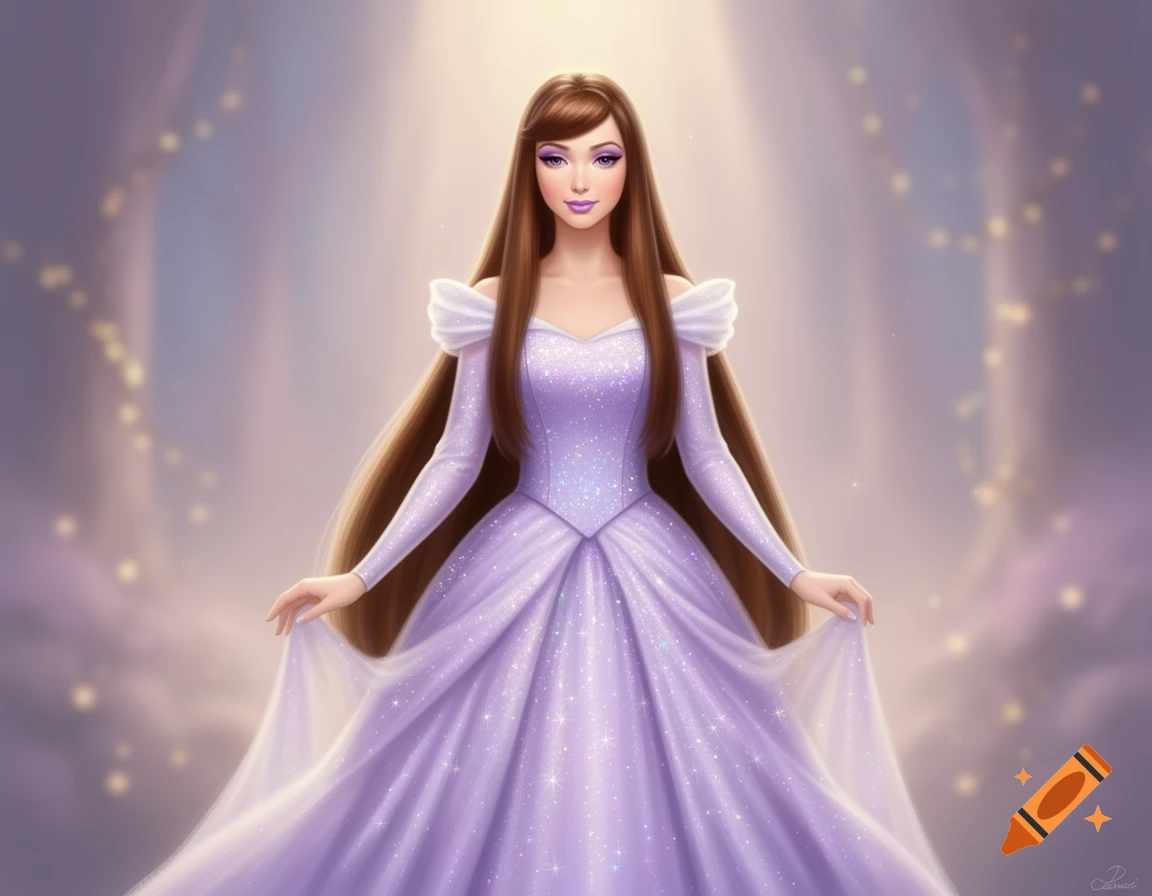 A princess with long brown hair, wearing a sparkly light purple gown, stands in a magical setting with glowing lights.