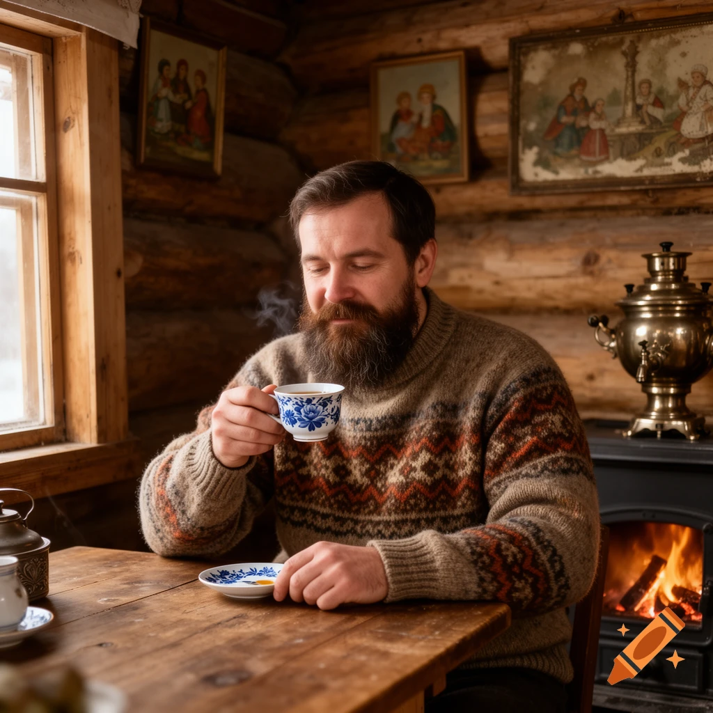 A bearded man in a knitted sweater sips steaming tea from a decorative cup, sitting at a wooden table in a rustic log cabin with a fireplace.