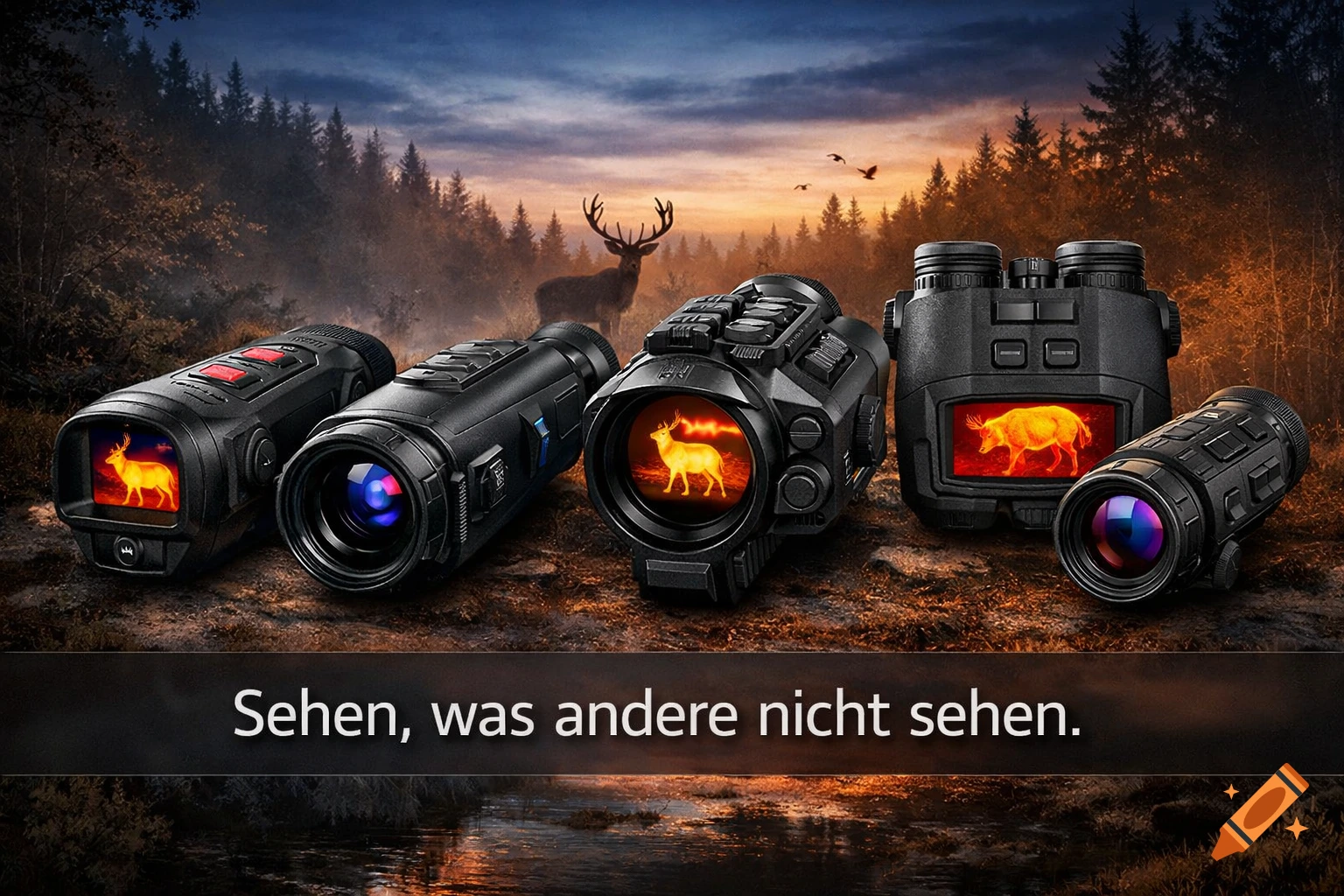 Five black thermal imaging devices showing glowing deer on a forest floor, with a deer in the background. Text reads 'Sehen, was andere nicht sehen.'