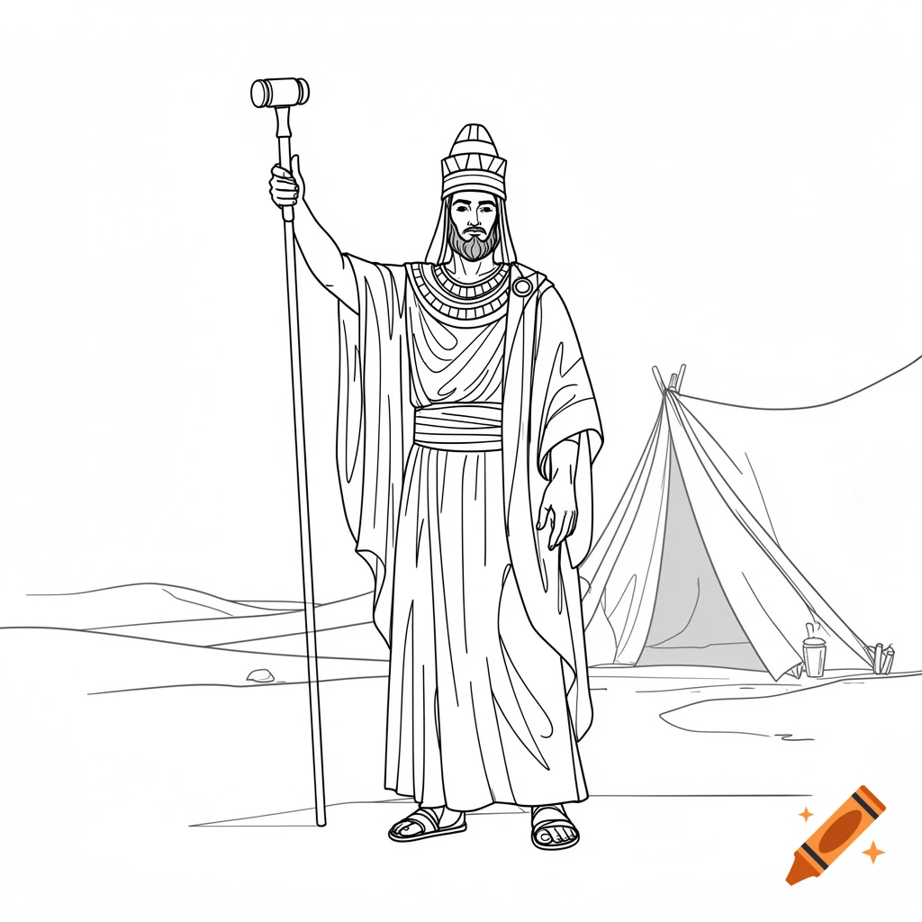 Line art of a bearded Israelite judge in robes and headdress, holding a staff, standing by a tent in a desert.
