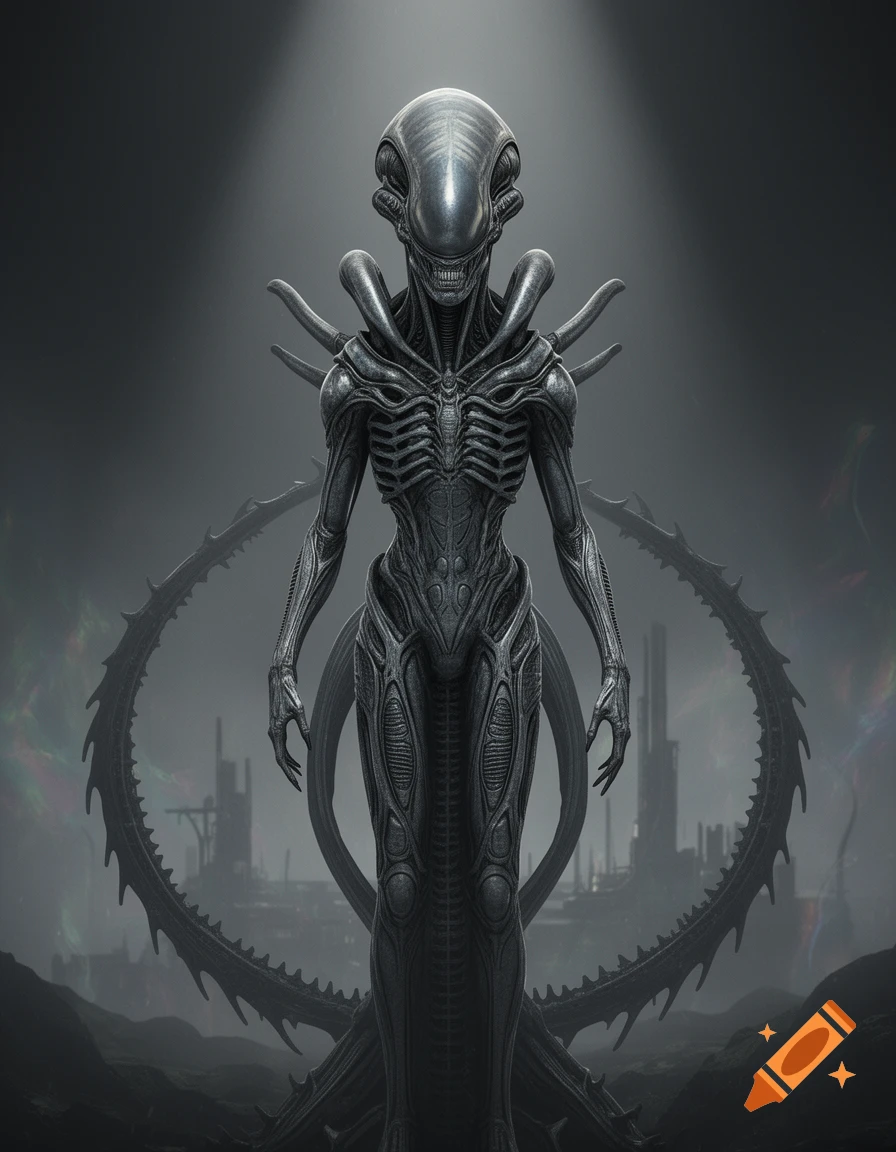 A tall, grey, biomechanical alien queen with an elongated head and exposed ribs stands under a spotlight in a dystopian city.