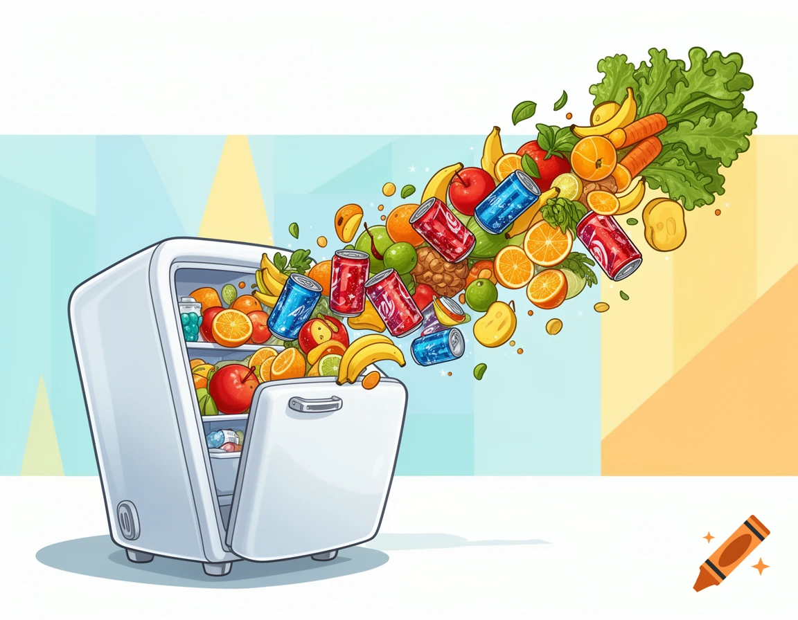Cartoon illustration of a white refrigerator lying sideways, spilling colorful fruits, vegetables, and soda cans.