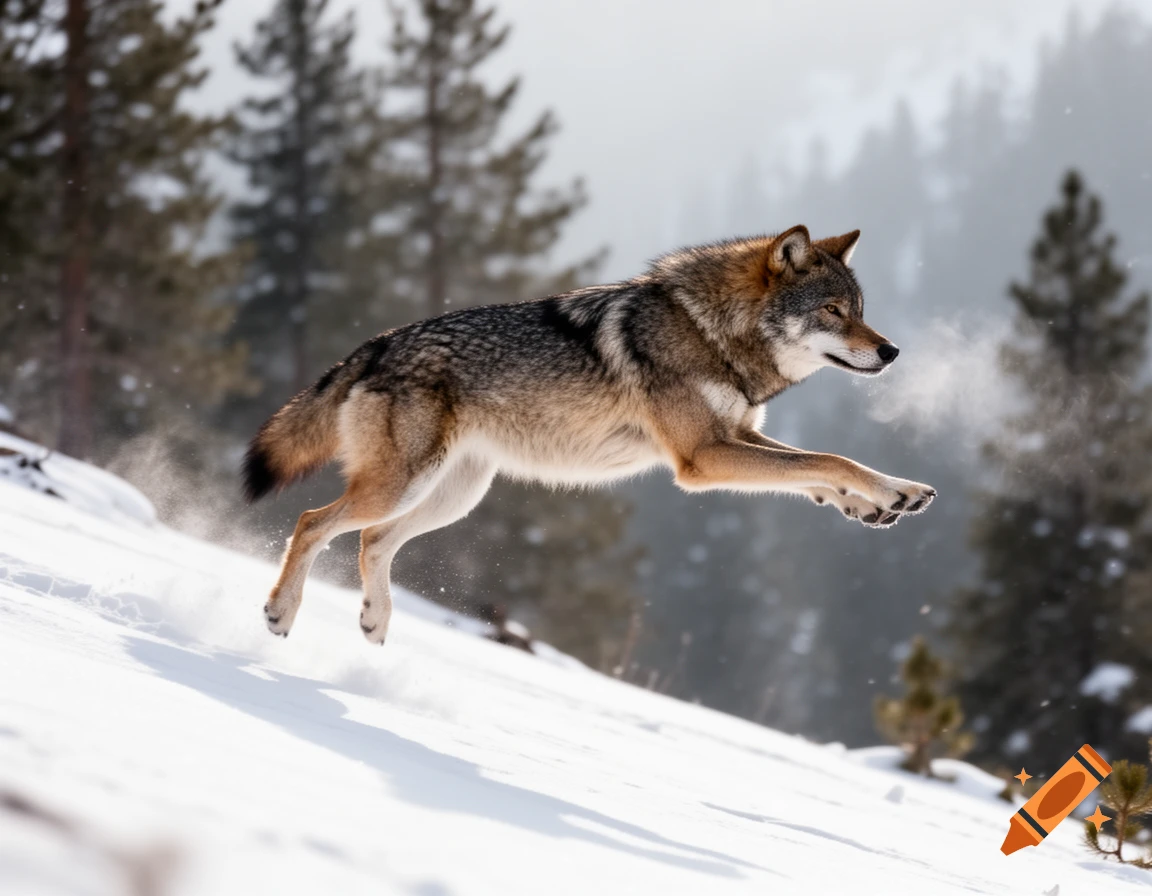 A majestic gray wolf leaps gracefully through fresh snow in a wintry forest.