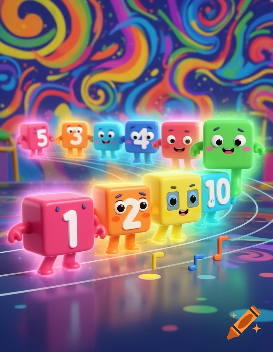 Colorful, animated number block characters dancing on a track with musical notes against a vibrant, swirling background.