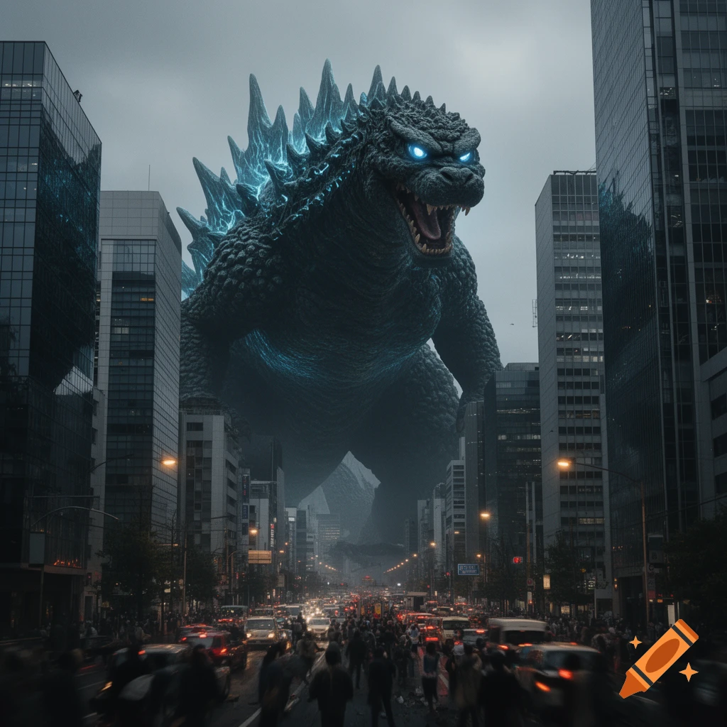 Giant Godzilla with glowing blue eyes and dorsal fins looms over a busy city street filled with cars and people under a cloudy sky.