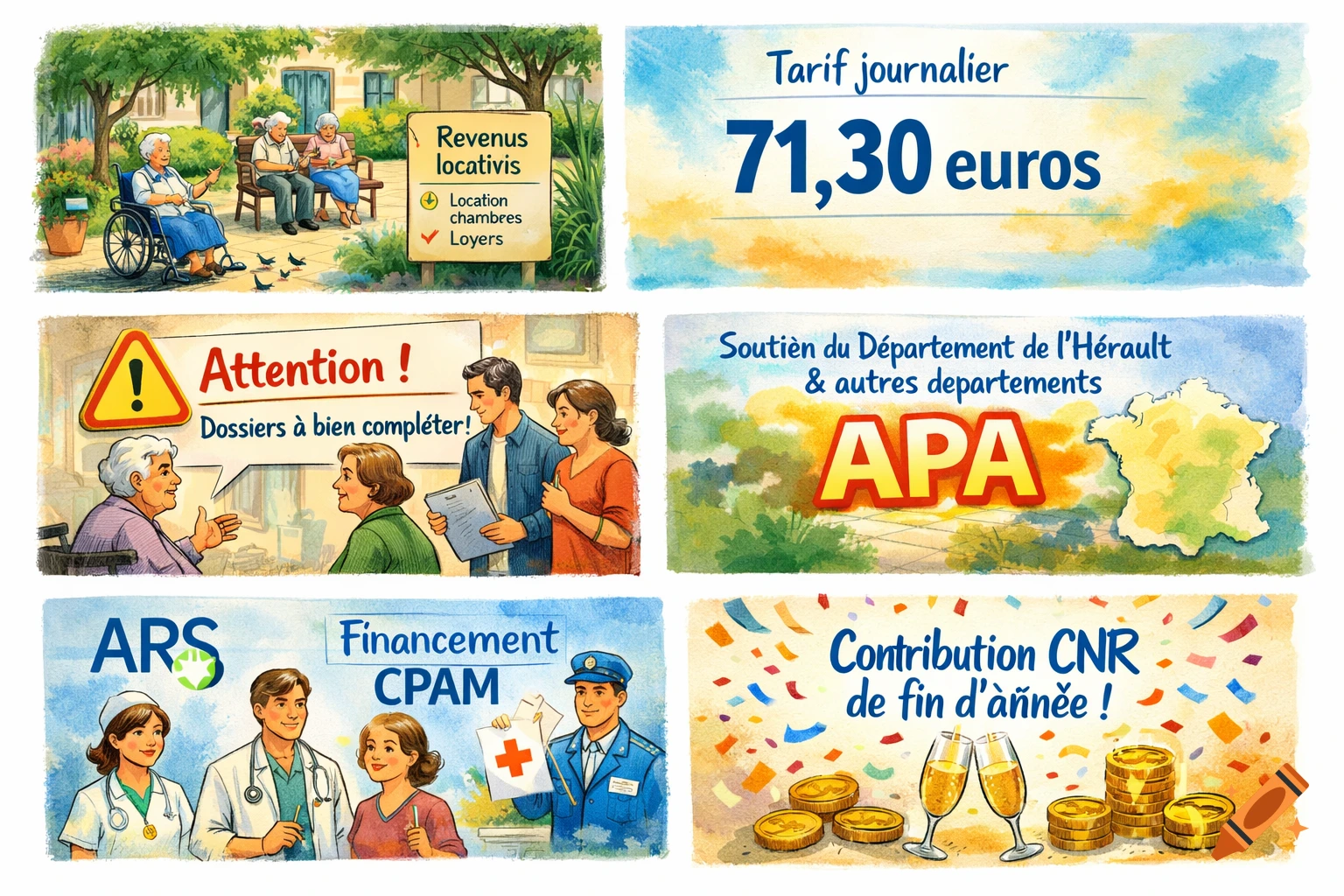 A colorful cartoon-style collage with six vignettes illustrating nursing home funding and administration. Scenes include elderly people, medical staff, financial details like "71,30 euros", and text about funding sources like APA, ARS, CPAM, and CNR.