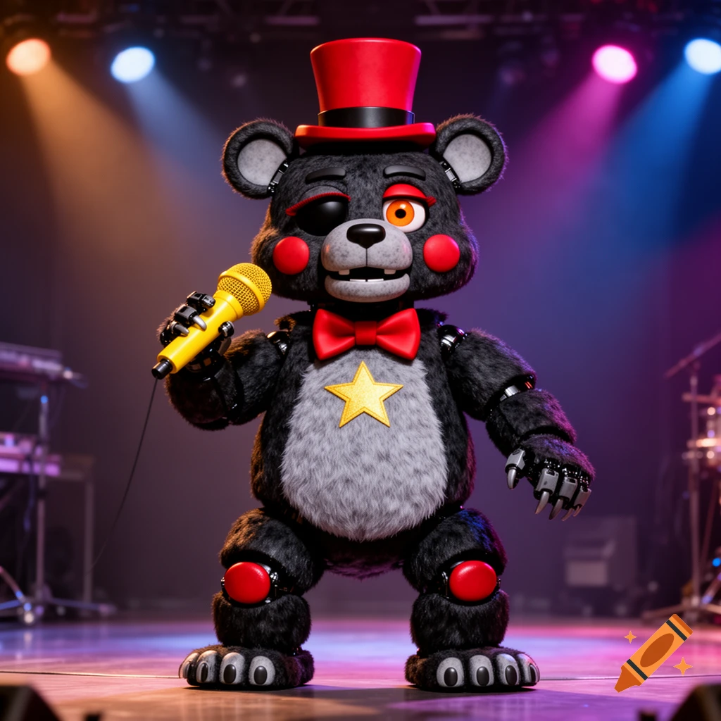 A photorealistic black animatronic bear in a red top hat holds a yellow microphone on a stage with colorful spotlights.
