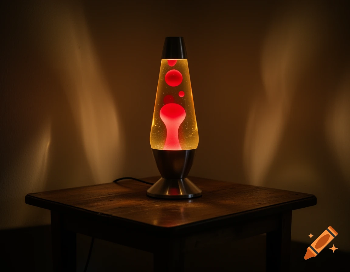 A glowing red and orange lava lamp sits on a wooden table in a dimly lit room, casting warm light on the wall.