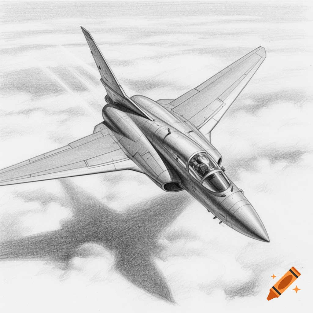 Pencil drawing of a jet flying in the sky above clouds, casting a shadow.