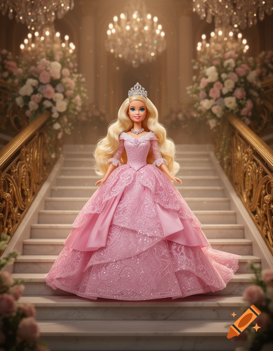 Blonde Barbie doll in a pink tiered gown on a grand staircase with chandeliers and flowers.