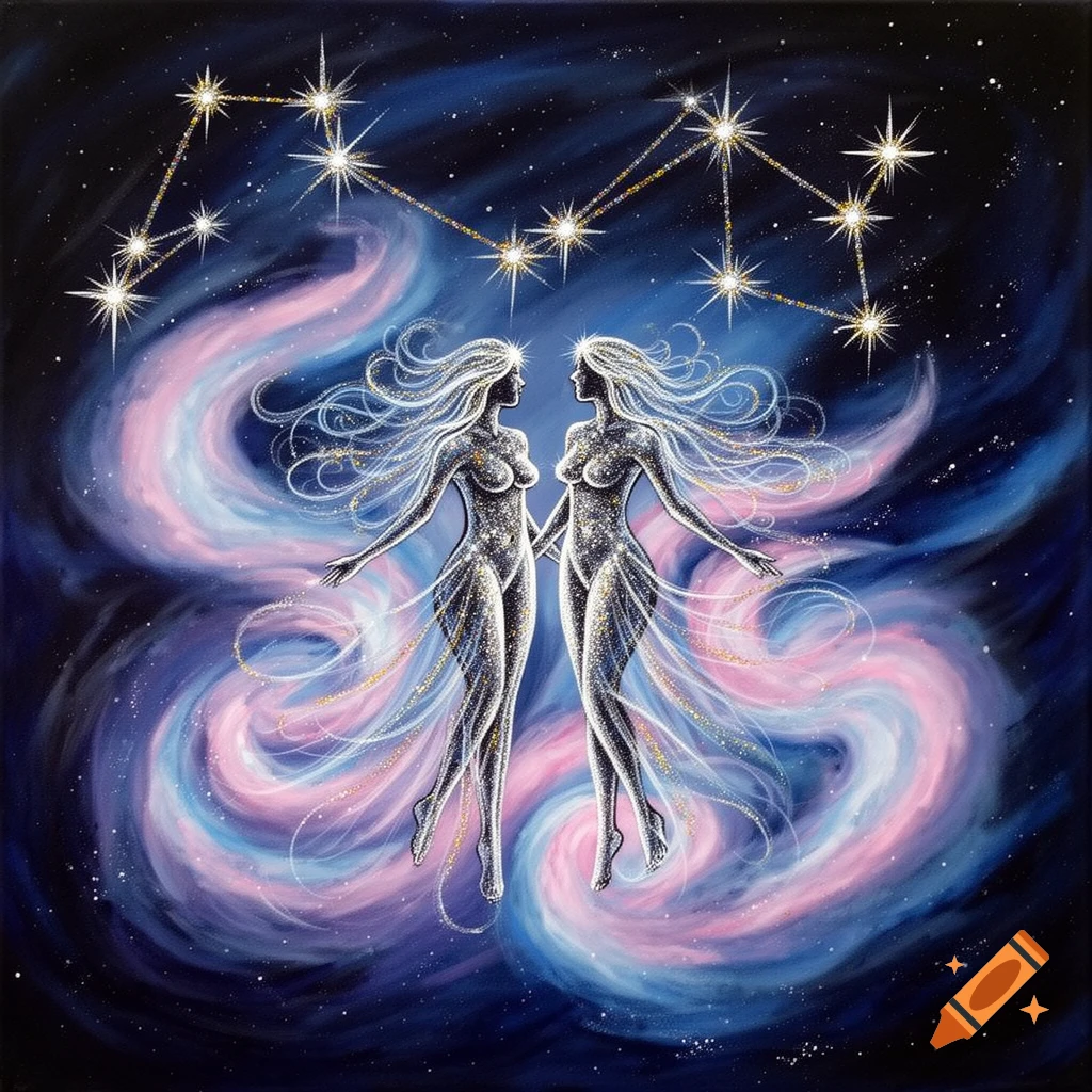 Two ethereal, glitter-covered female figures float in a cosmic sky with pink and blue nebulae, connected by a glowing star constellation.