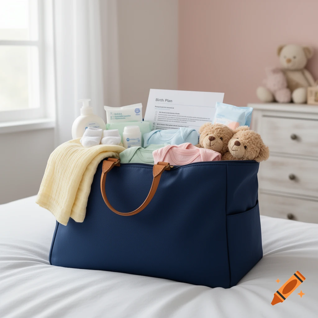 A dark blue hospital bag filled with baby clothes, blankets, toiletries, a birth plan document, and two teddy bears on a bed.