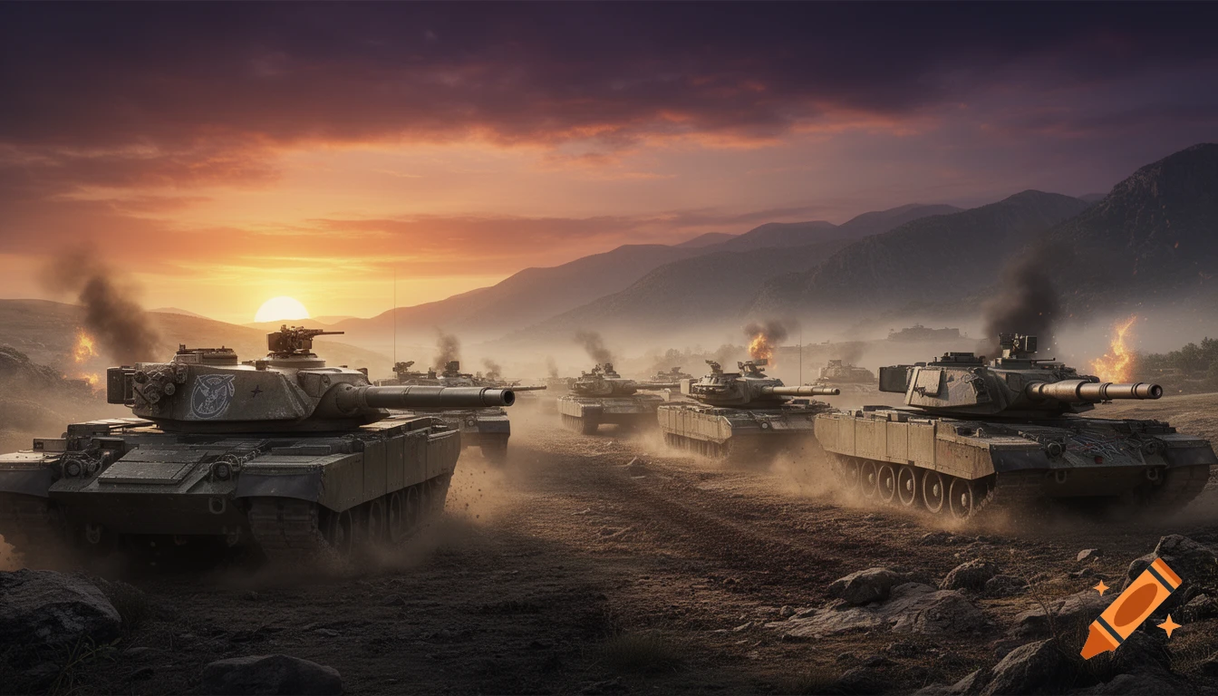 Photorealistic image of multiple military tanks moving through a dusty, smoky battlefield at sunset, with mountains in the background.