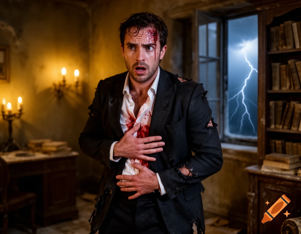 Distressed man with blood on his face and torn suit clutches his chest in a candlelit room as lightning flashes outside.