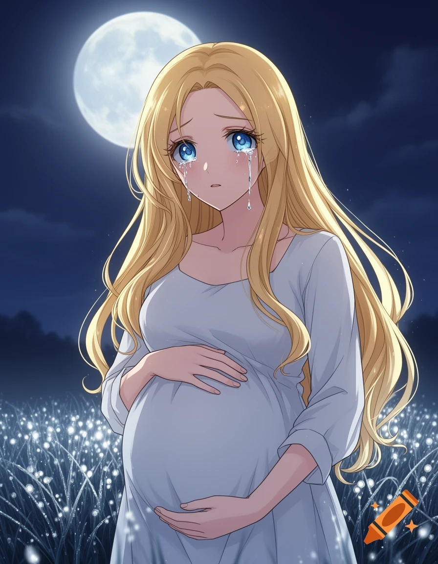 Anime illustration of a blonde, blue-eyed pregnant woman crying under a full moon in a field of glowing plants.