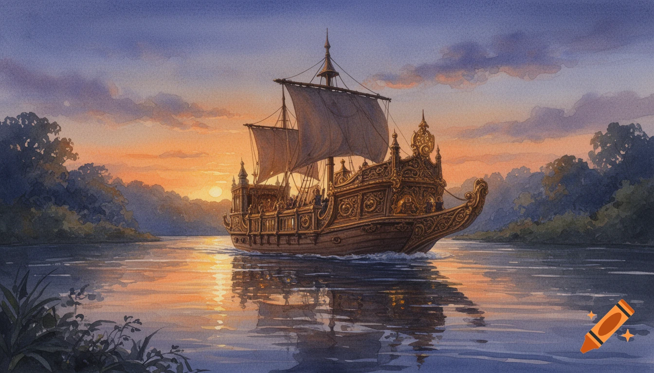 Watercolor of an ornate fantasy pleasure barge sailing on a river at sunset, with trees on the banks.